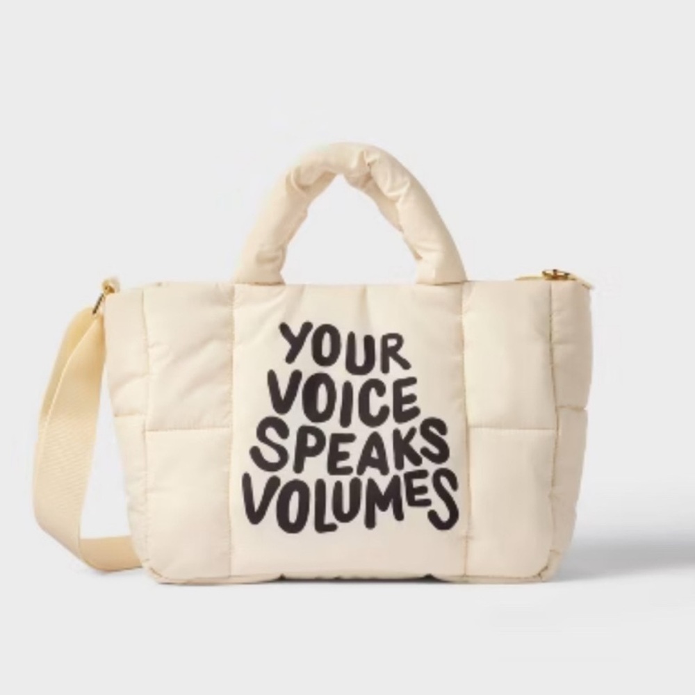 Your Voice Speaks Volumes Cream Quilted Tote Bag
